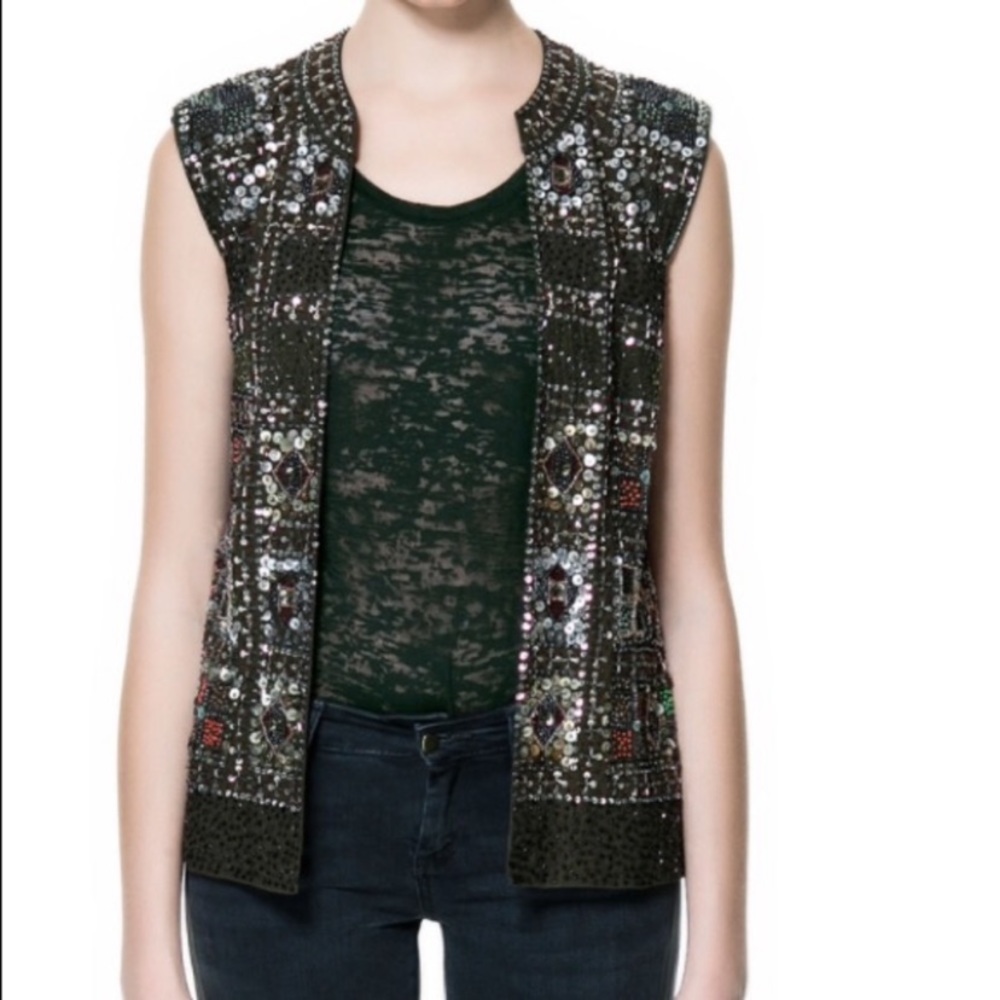 Zara Trafaluc Beaded Vest Olive/Military Green S